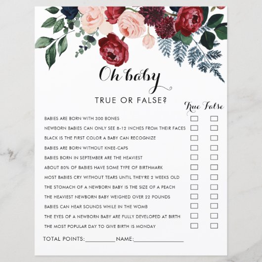 バーガンディーピンクのネイビーフローラオ赤ちゃんシャワーゲーム