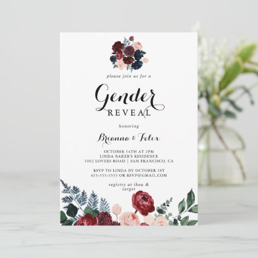 バーガンディーピンクのネイビーフローラジェンダーがパーティーを明かす 招待状 (スタンド正面)