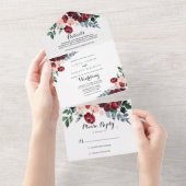 バーガンディーピンクのネイビーフローラ書道結婚の オールインワン招待状 (貼ってはがせる)