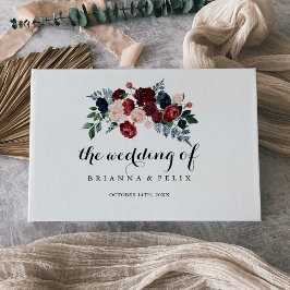 バーガンディーピンクのネイビーフローラ書道結婚の ゲストブック