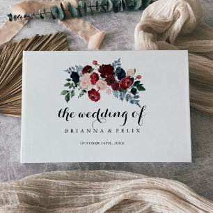 バーガンディーピンクのネイビーフローラ書道結婚の ゲストブック