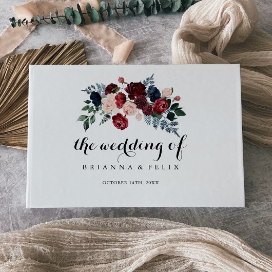 バーガンディーピンクのネイビーフローラ書道結婚の ゲストブック