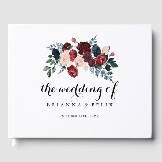 バーガンディーピンクのネイビーフローラ書道結婚の ゲストブック (正面)
