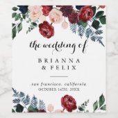 バーガンディーピンクのネイビーフローラ書道結婚の ワインラベル (シングルラベル)