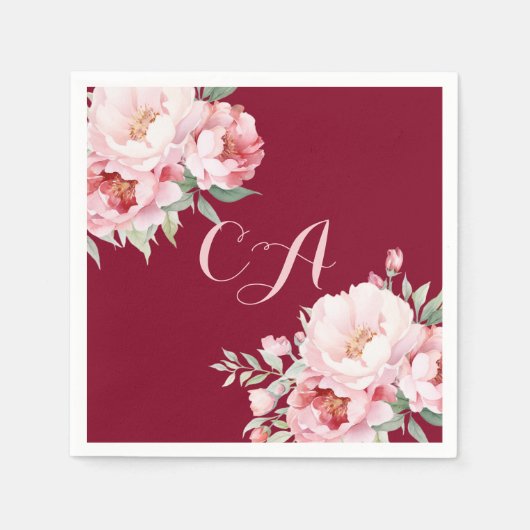 バーガンディーピンクのバラの花模様モノグラム誕生日 スタンダードカクテルナプキン (正面)