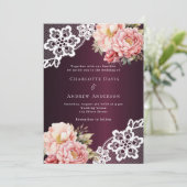 バーガンディーピンクのローズ金ゴールドフローラレース結婚ラグジュアリーズ 招待状 (スタンド正面)