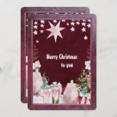 バーガンディーピンクの冬の休日グリーティングカード (正面/裏面)