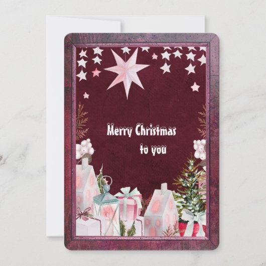バーガンディーピンクの冬の休日グリーティングカード (正面)