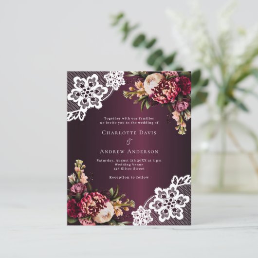 バーガンディーピンクの桃のフローラレース結婚式招待状 (スタンド正面)