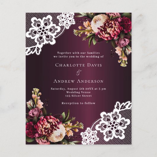 バーガンディーピンクの桃のフローラレース結婚式招待状 (正面)