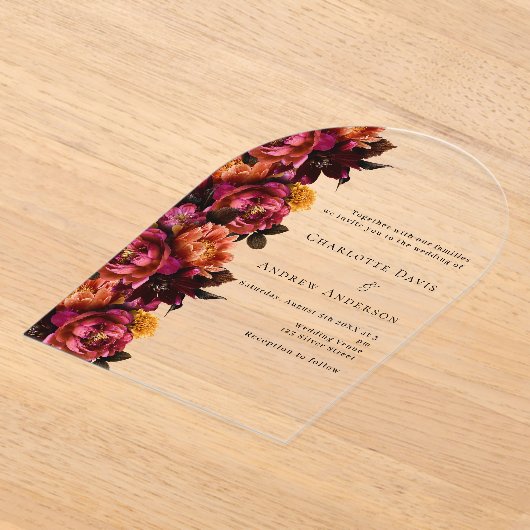 バーガンディーピンクの桃のフローラ結婚アーチ アクリル招待状 (レイダウン)