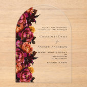 バーガンディーピンクの桃のフローラ結婚アーチ アクリル招待状 (正面)