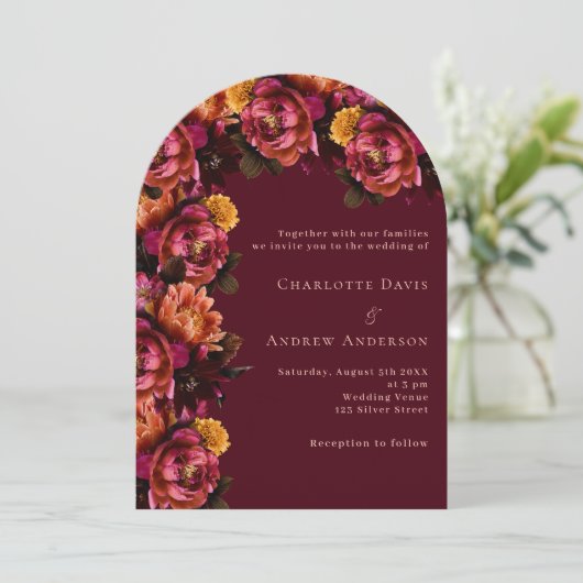 バーガンディーピンクの桃のフローラ結婚アーチ 招待状 (スタンド正面)