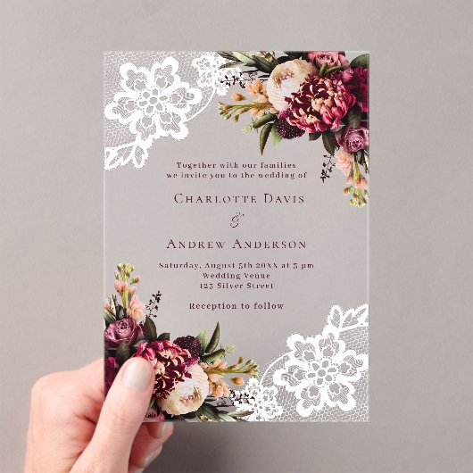 バーガンディーピンクの桃のフローラ結婚レース アクリル招待状 (インサイチュ (ポータブル))