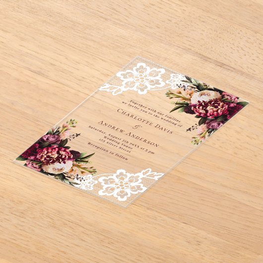 バーガンディーピンクの桃のフローラ結婚レース アクリル招待状 (レイダウン)