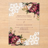 バーガンディーピンクの桃のフローラ結婚レース アクリル招待状 (正面)