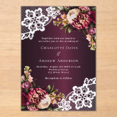 バーガンディーピンクの桃のフローラ結婚レース アクリル招待状 (正面)