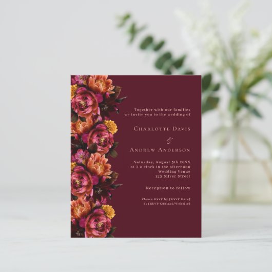 バーガンディーピンクの桃のフローラ結婚式RSVP招待 (スタンド正面)