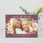 バーガンディーピンクの水色のフローラ結婚の写真 セーブザデート (スタンド正面)