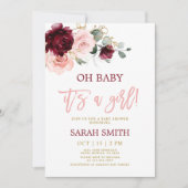 バーガンディーピンクの水色フローラベビーシャワー女の子 招待状 (正面)