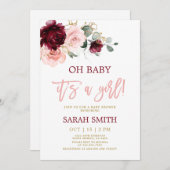 バーガンディーピンクの水色フローラベビーシャワー女の子 招待状 (正面/裏面)