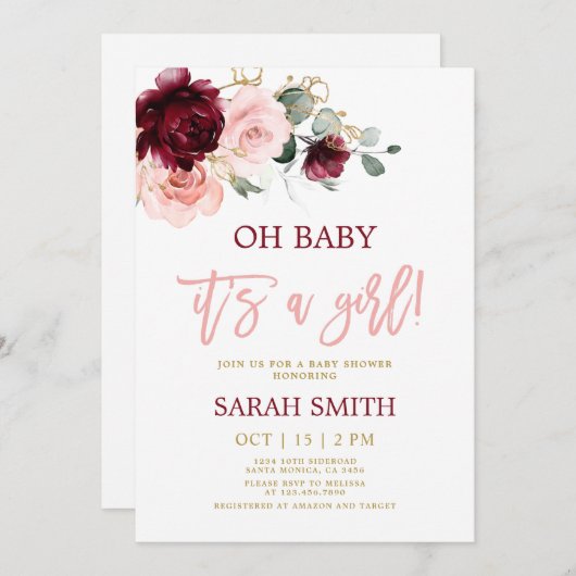 バーガンディーピンクの水色フローラベビーシャワー女の子 招待状 (正面/裏面)