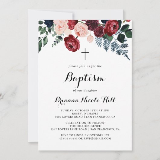 バーガンディーピンクの海軍フローラ書道バプテスマ 招待状 (正面)