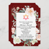 バーガンディーピンクの花々デイビッドバルミツワー星 招待状 (正面/裏面)