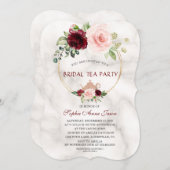 バーガンディーピンクの花の大理石ブライダルティーパーティー 招待状 (正面/裏面)