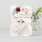 バーガンディーピンクの花の大理石ブライダルティーパーティー 招待状 (スタンド正面)