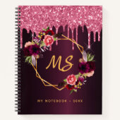バーガンディーピンクの花グリッターはモノグラムを乾燥 ノートブック (正面)