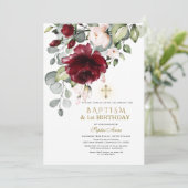 バーガンディーピンクの花バプテスマ1st誕生日パーティー 招待状 (スタンド正面)