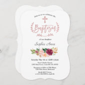 バーガンディーピンクの花バラ金ゴールドクロスバプテスマ 招待状 (正面/裏面)