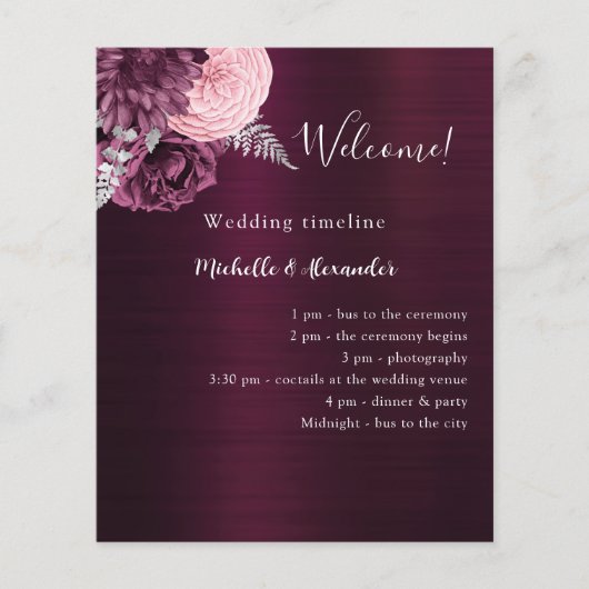 バーガンディーピンクの花婚式プログラム チラシ (正面)