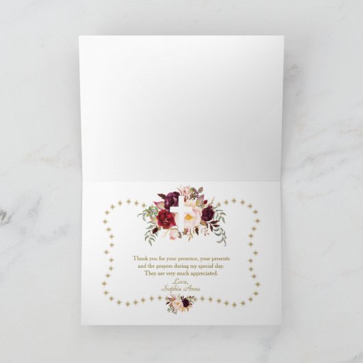 バーガンディーピンクの花金ゴールドグリッタースパークルバプテスマ サンキューカード (内部)