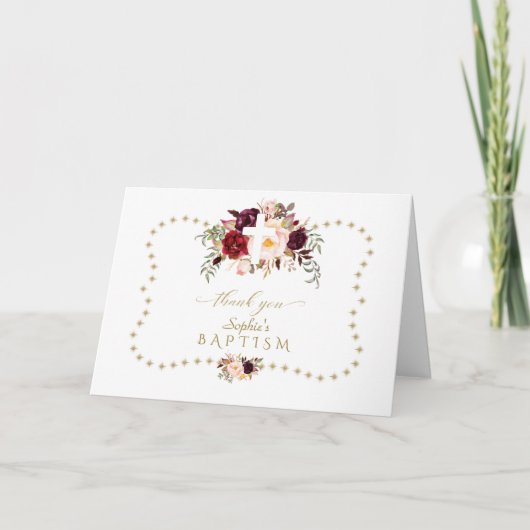 バーガンディーピンクの花金ゴールドグリッタースパークルバプテスマ サンキューカード (正面)