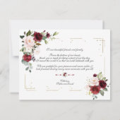 バーガンディーピンクの花金ゴールドグリッター結婚フレーム サンキューカード (裏面)