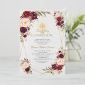 バーガンディーピンクの花金ゴールドファーストホーリーコミュニオン 招待状 (スタンド正面)