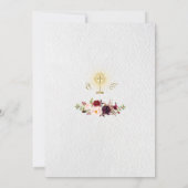 バーガンディーピンクの花金ゴールドファーストホーリーコミュニオン 招待状 (裏面)