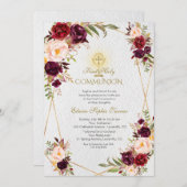 バーガンディーピンクの花金ゴールドファーストホーリーコミュニオン 招待状 (正面/裏面)