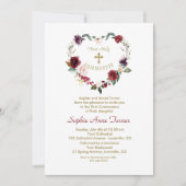 バーガンディーピンクの花金ゴールドファーストホーリーコミュニオン 招待状 (正面)