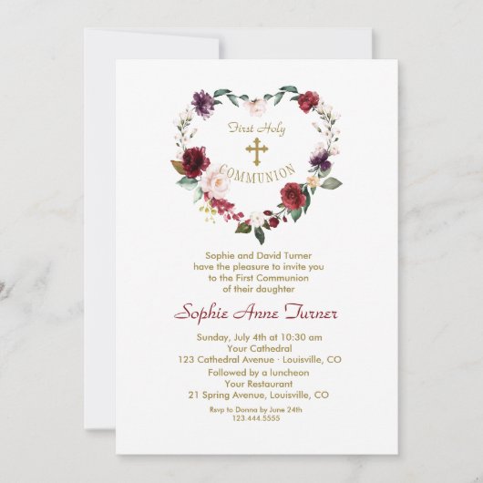 バーガンディーピンクの花金ゴールドファーストホーリーコミュニオン 招待状 (正面)