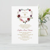 バーガンディーピンクの花金ゴールドファーストホーリーコミュニオン 招待状 (スタンド正面)