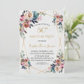 バーガンディーピンクの花金ゴールド大理石50誕生日 招待状 (スタンド正面)