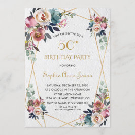 バーガンディーピンクの花金ゴールド大理石50誕生日 招待状