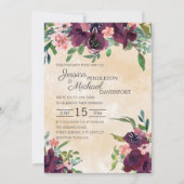 バーガンディーピンクウォーターカラーフローラセージ結婚グリーン 招待状 (正面)