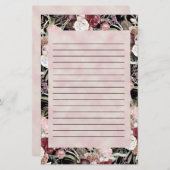 バーガンディーピンクウォーターカラーフローラブラックライン 便箋 (正面/裏面)