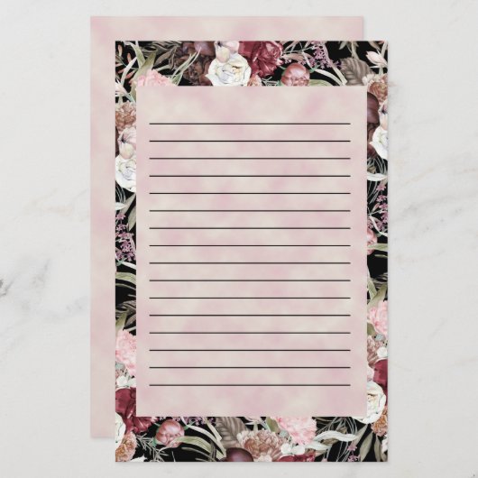 バーガンディーピンクウォーターカラーフローラブラックライン 便箋 (正面/裏面)