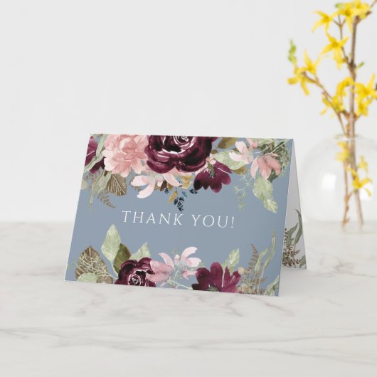 バーガンディーピンクエレガントフローラダスティブルーサンキュー カード (黄色い花)