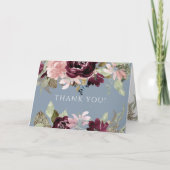 バーガンディーピンクエレガントフローラダスティブルーサンキュー カード (正面)